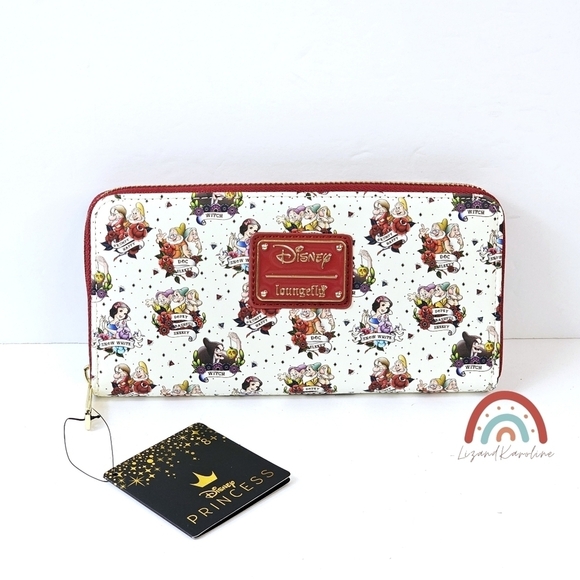 New! Loungefly Disney Snow White Tattoo Characters Dwarfs Witch Large Zip Wallet - Picture 1 of 6